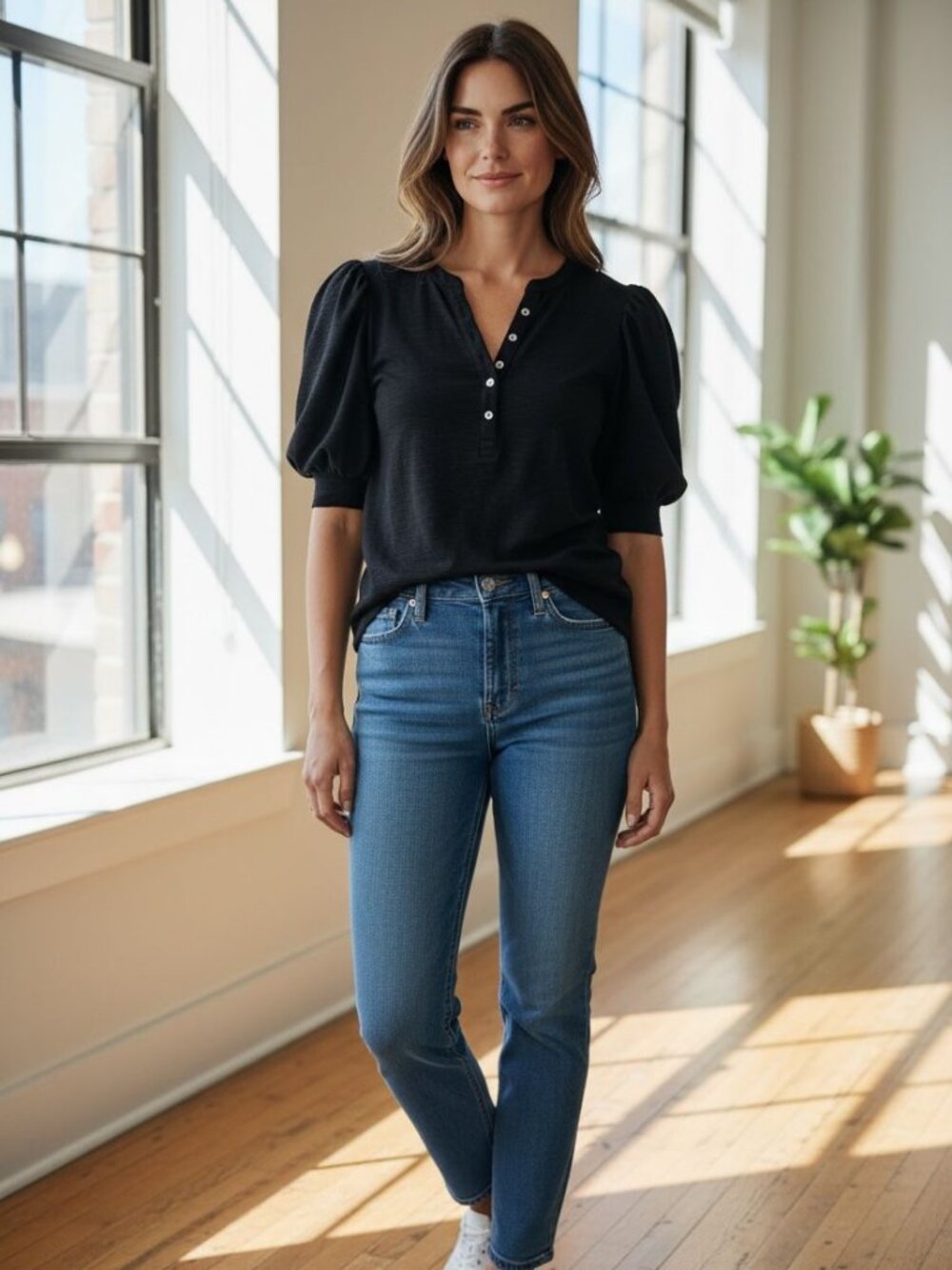 Black Puff Sleeve Henley Top – Size Large – Elevated Basic
